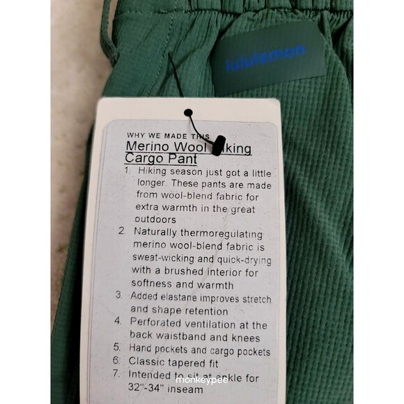 🔥NWT Mens Lululemon Merino Wool Hiking Cargo Pant Tapered, Forest Green 32 - Picture 10 of 11